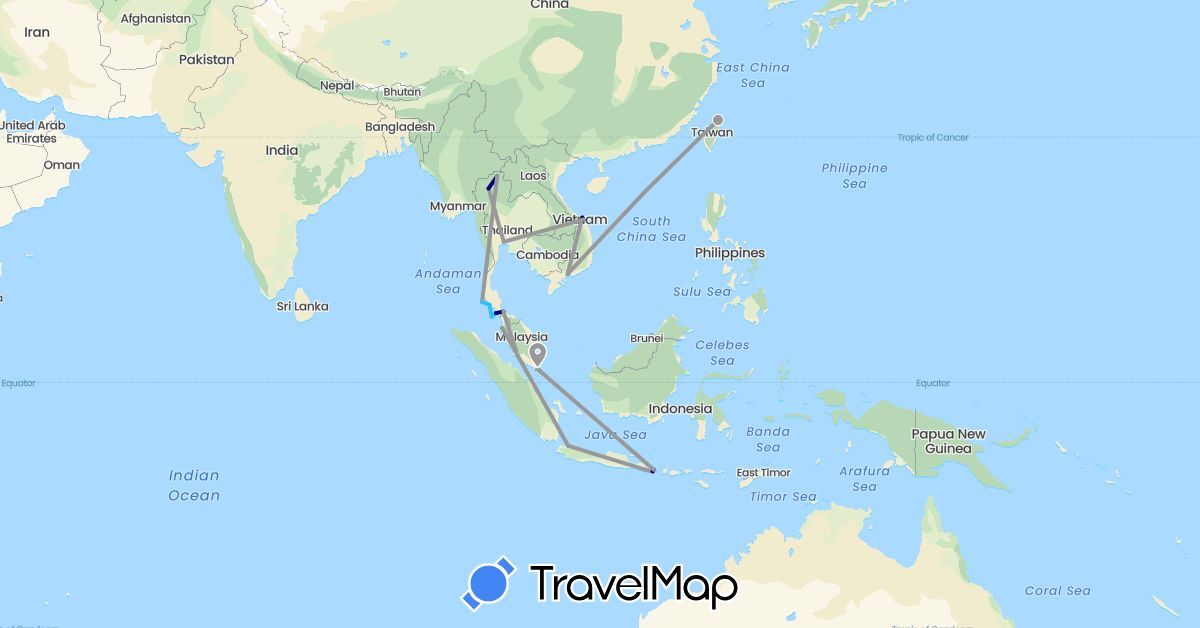 TravelMap itinerary: driving, plane, boat in Indonesia, Malaysia, Singapore, Thailand, Taiwan, Vietnam (Asia)